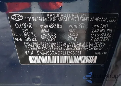 2020 Hyundai Santa Fe Limited from USA, damaged, VIN 5NMS53AD7LH298631